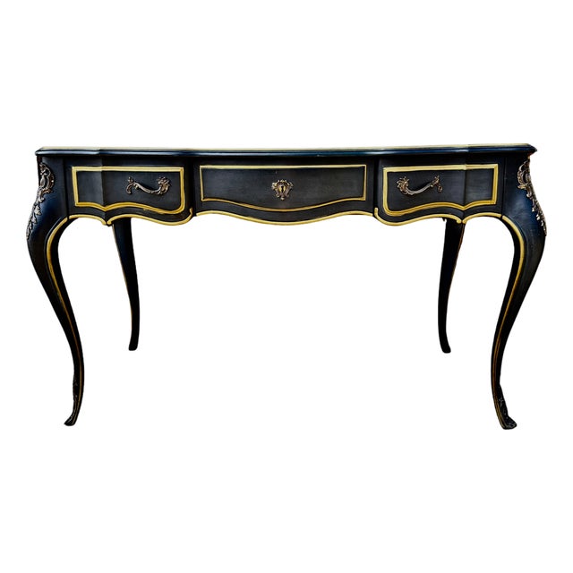 Vintage Drexel Heritage Et Cetera Louis XV French Provincial Black Lacquer Writing Desk With Tooled Leather Top | Bureau Plat Executive Desk For Sale