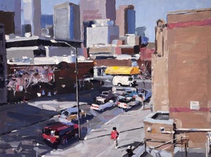 Logan and Colfax by David Shingler | Oil Painting of a city street with buildings and vehicles