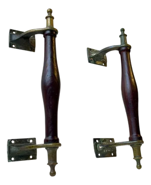 Antique Victorian Saloon Door Handles in Brass, Bronze & Hardwood, Set of 2