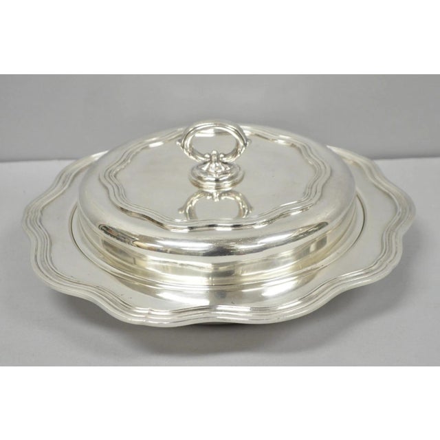 Vintage Sheffield Round Scalloped Silver Plated Covered Divided Serving Dish. Circa Mid 20th Century. Measurements: 5" H x...