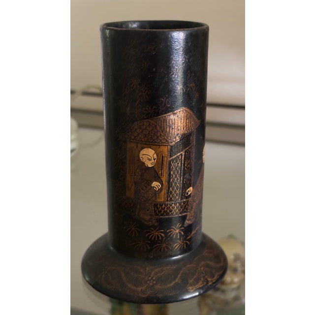 Antique English Papier-Maché Chinoiserie Spill Vase / Brush Holder in Black and Gold For Sale - Image 4 of 18