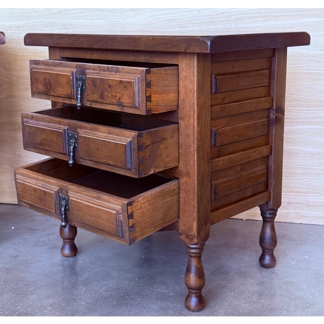 20th century pair of Brutalist Spanish nightstands with three carved drawers with original iron hardware Beautiful tables...