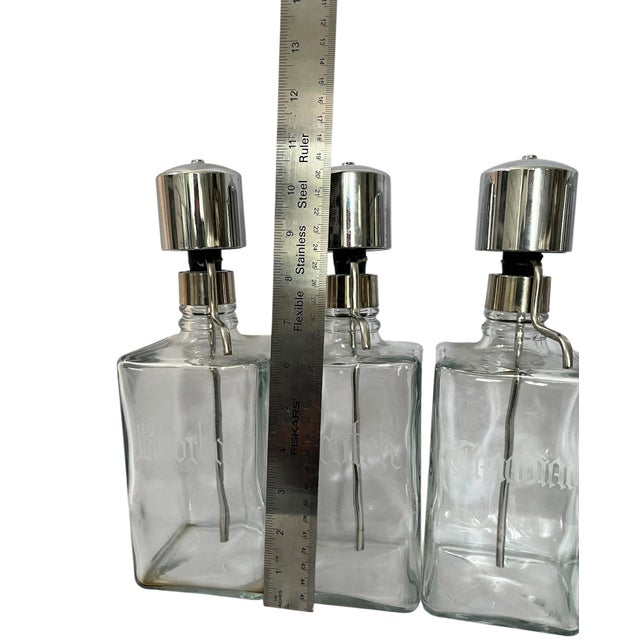 Vintage Mid-Century Etched Glass & Chrome Liquor Dispenser Bar Bottles — Set of 6 For Sale - Image 11 of 13