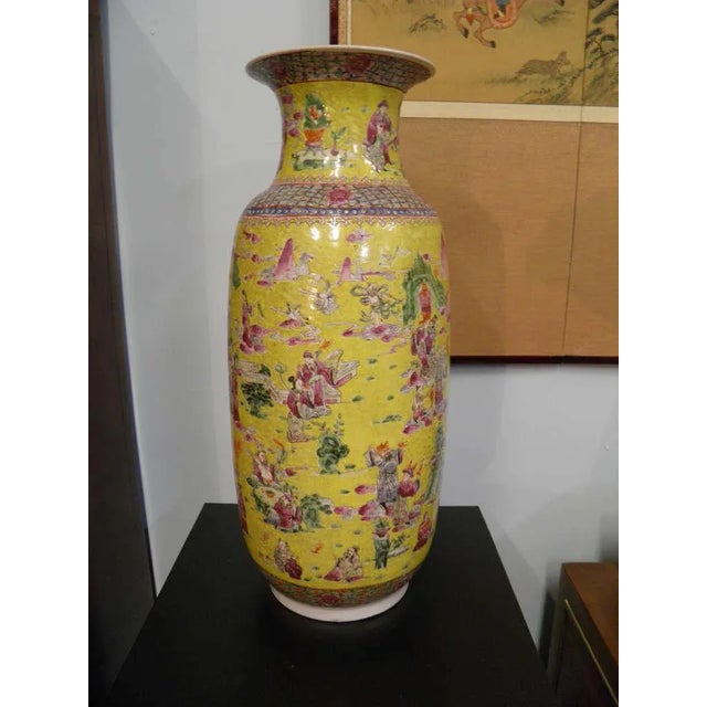 Rare fine complementary pair of Chinese imperial yellow color porcelain palatial size vases with Painted scenes measures:...
