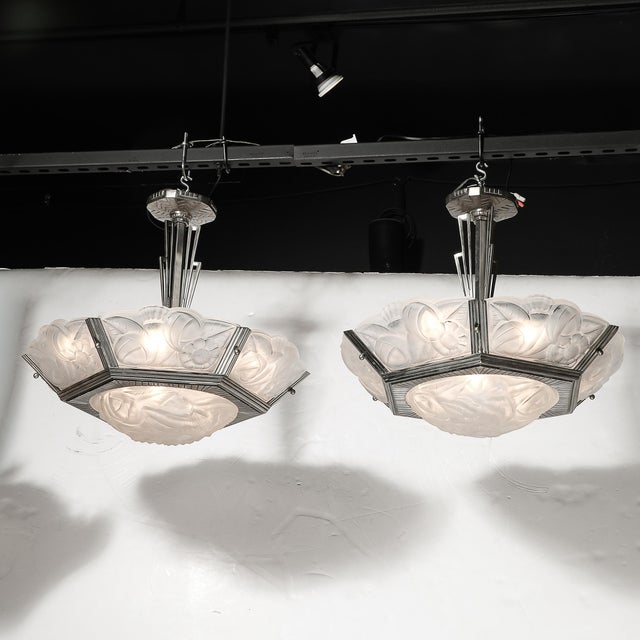 Pair of Art Deco Hexagonal Frosted Glass & Nickeled Bronze Chandeliers by Degue For Sale - Image 10 of 18