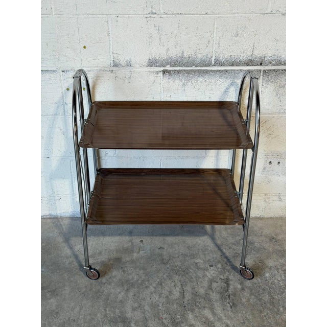 Chrome Folding Rolling Bar Cart With Wood Grain Trays Mid-Century Modern 1970s For Sale In Los Angeles - Image 6 of 10