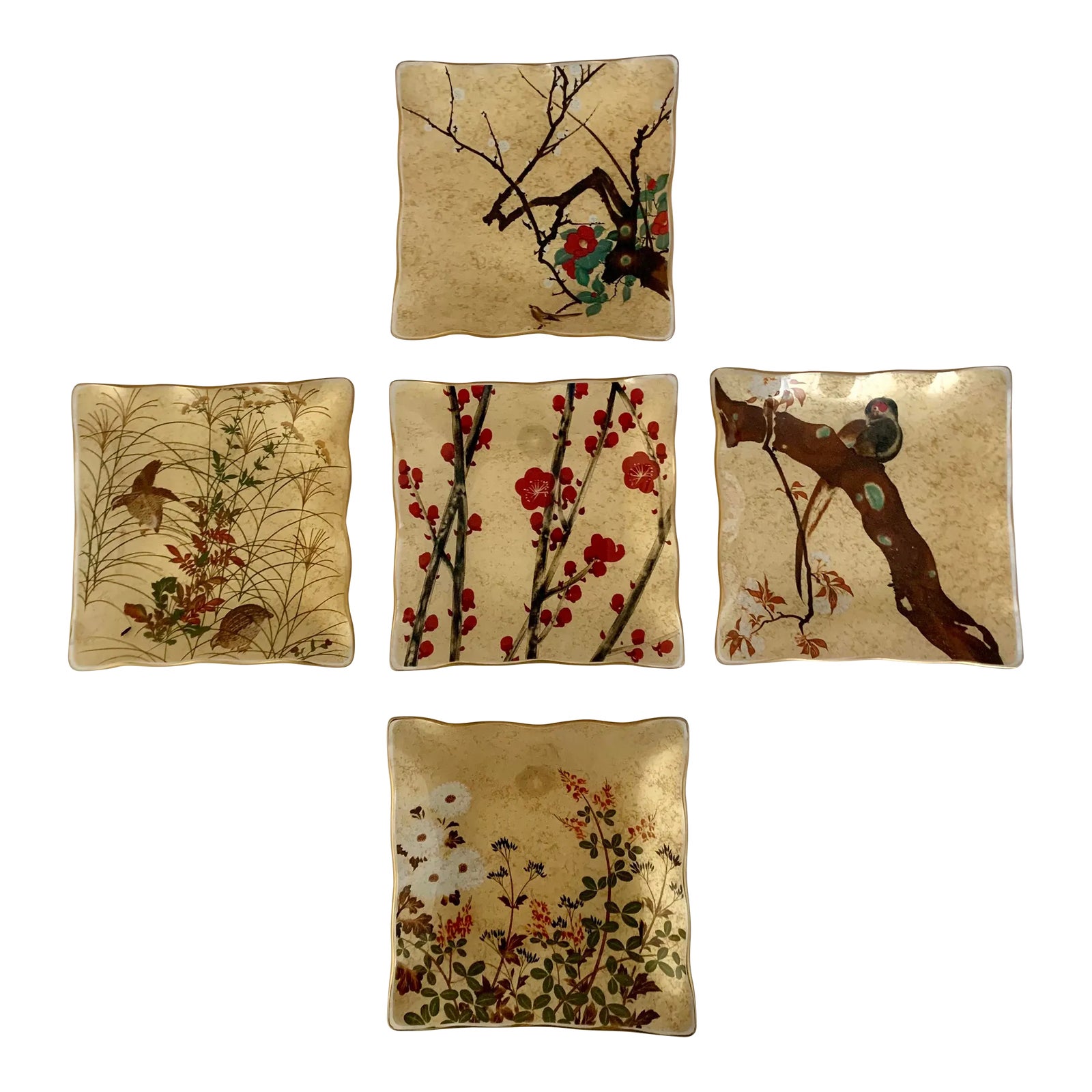 Vintage Japanese Small Gilt Glass Hand Painted Wall Plates - Set of 5
