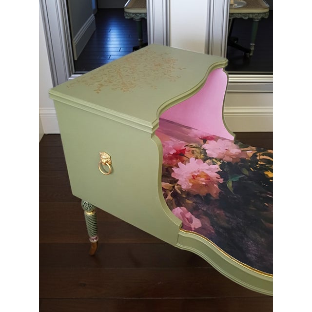 Whimsical Cottage Revival Artichoke Green & Peony Tiered Side Table For Sale - Image 9 of 12