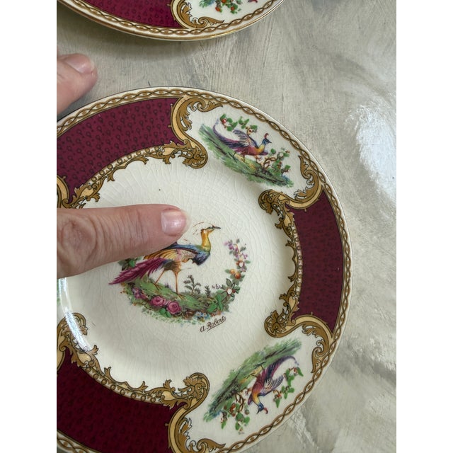 Antique Myott Chelsea Bird Bread Plates – 6 3/8-Inch Staffordshire England Porcelain With Burgundy and Gilt Decoration - Set of Eleven (11) For Sale - Image 10 of 12