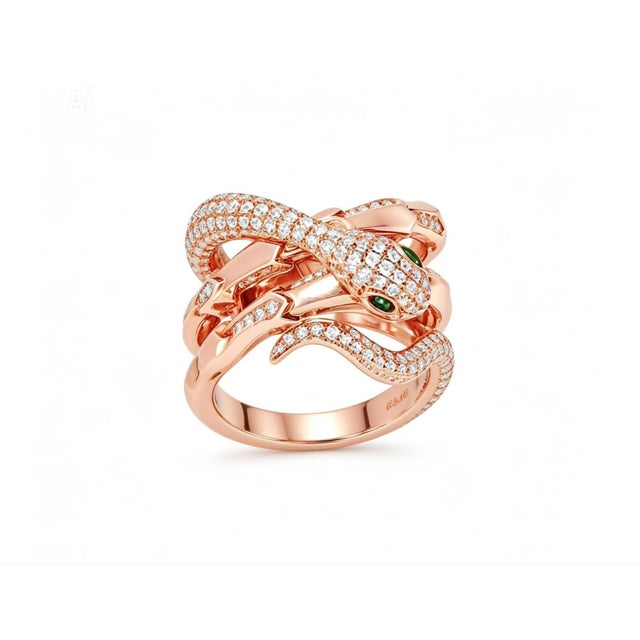 Modern Late 20th Century 14K Rose Gold Snake Wraparound Emerald Diamond Ring Estate by EFFY, Size 7 For Sale - Image 3 of 3
