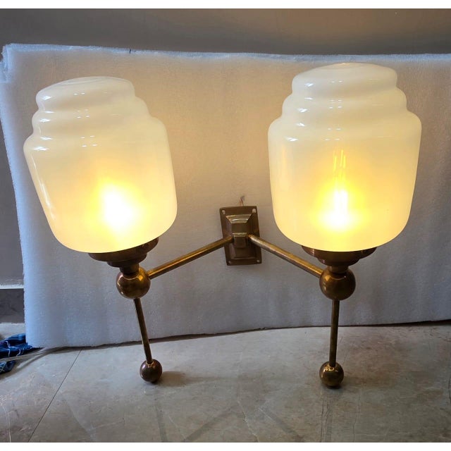 Vintage Art Deco Light Old Lamp Wall Sconces Fixture Brass & Skyscraper Milk Glass Shade Ship Light For Sale - Image 4 of 7