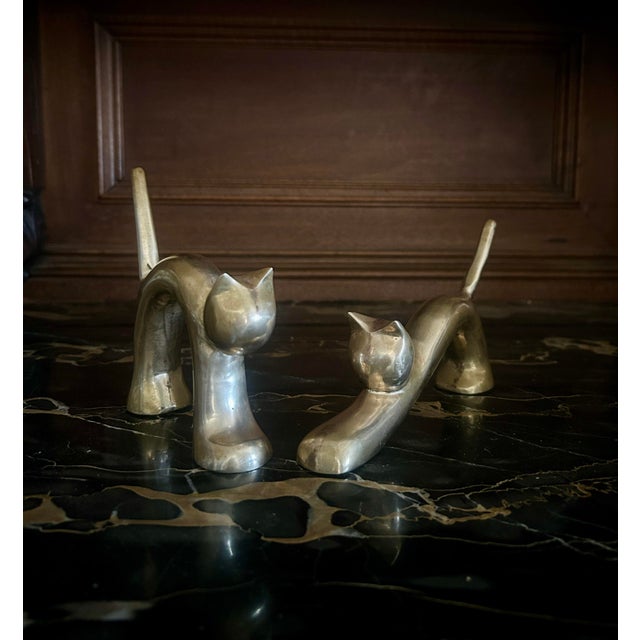 Vintage Mid-Century Brass Stretching Cats Pair For Sale - Image 4 of 7