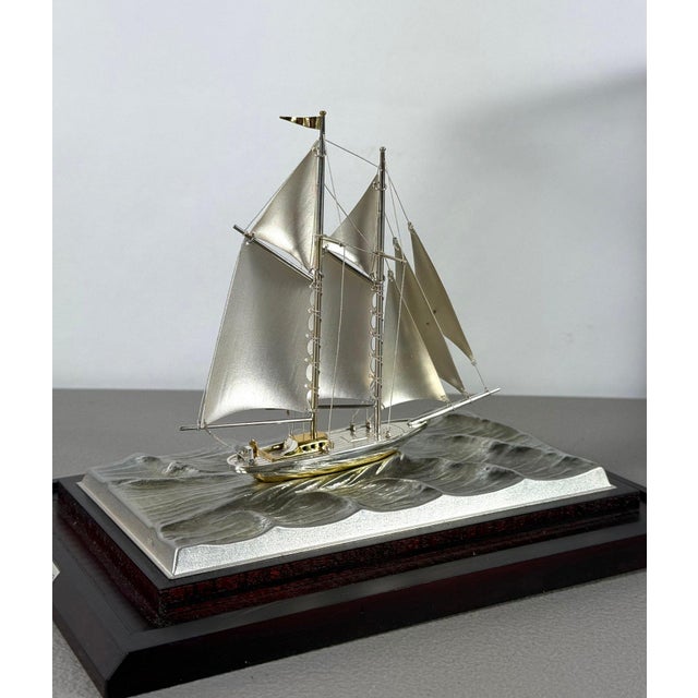 Rare Seki Takehiko Signed 985 Silver Yacht Model Original Box and Case Maritime Art For Sale - Image 14 of 17