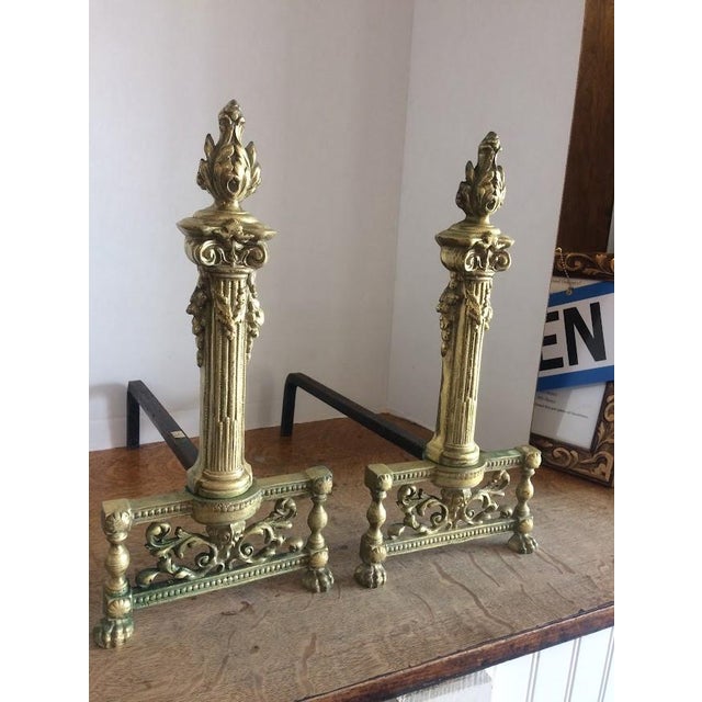 Antique Andirons, Neoclassical Style Andirons, Brass For Sale - Image 6 of 9