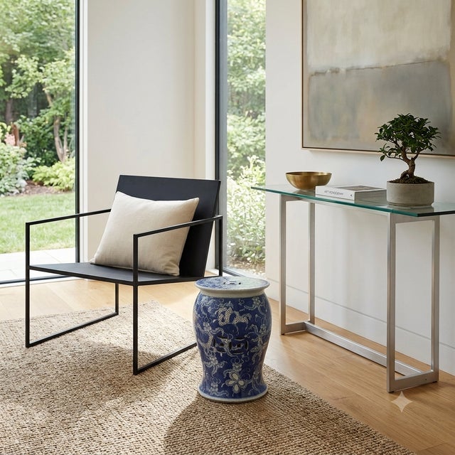 Distressed Blue & White Porcelain Round Butterflies Stool Side Table For Sale In San Francisco - Image 6 of 7