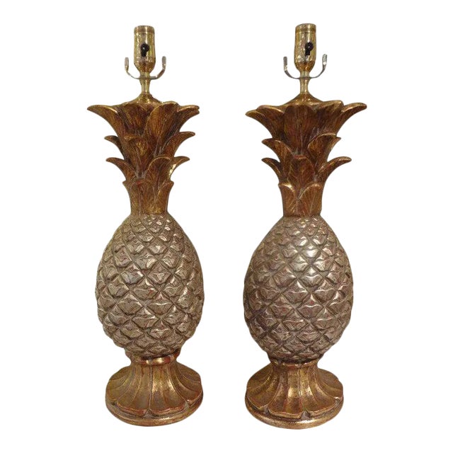 1960's Vintage Italian Gilt Terracotta Pineapple Lamps-Pair For Sale