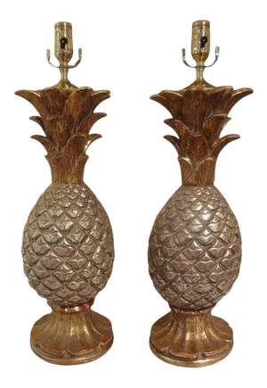 1960's Vintage Italian Gilt Terracotta Pineapple Lamps-Pair