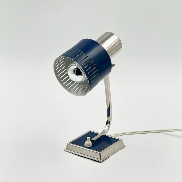 Blue and Chrome Desk Lamp with Slotted Shade, Italy, 1970s For Sale - Image 4 of 16