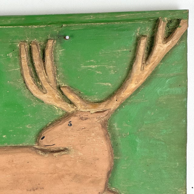 Early 20th C. Primitive Folk Art Hand Carved Resting Stag in an Avocado Green Plaque For Sale In New York - Image 6 of 9