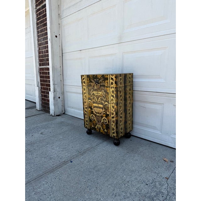 Late 20th Century Neoclassical Style Black and Gilt Decorated Urn Motif Storage Chest For Sale - Image 4 of 12