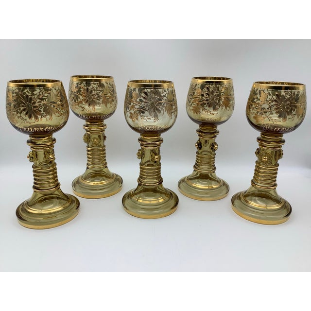 Antique Moser Bohemian Clear Gilded Blown Glass Wine Goblet, With Gold Floral Flowers and Leafs on Stem With Open End, Set of 5 For Sale - Image 12 of 12
