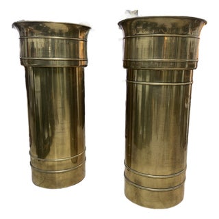 Vintage Brass Pedestal Planters – Pair, Large 37” Mid-Century Style Cachepots For Sale