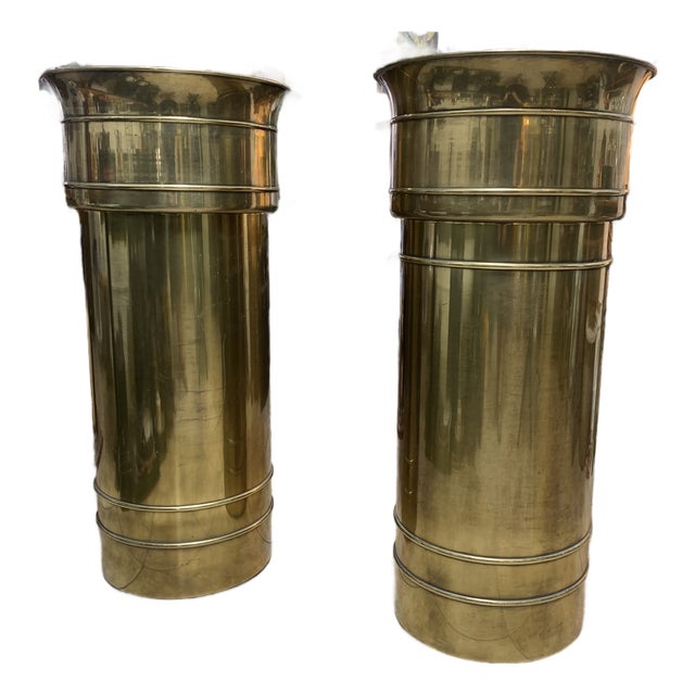 Vintage Brass Pedestal Planters – Pair, Large 37” Mid-Century Style Cachepots For Sale