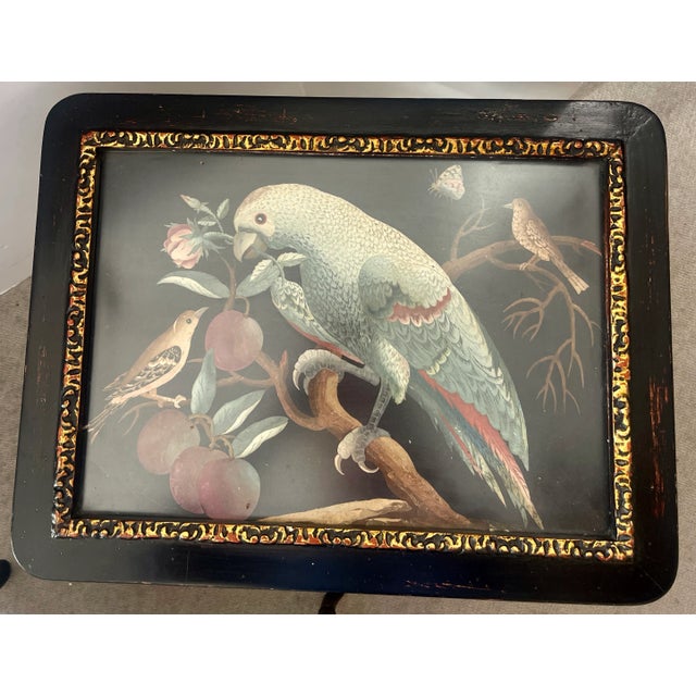 Pair French Drinks Table Faux Bamboo With Painted Birds Under Glass For Sale In West Palm - Image 6 of 12