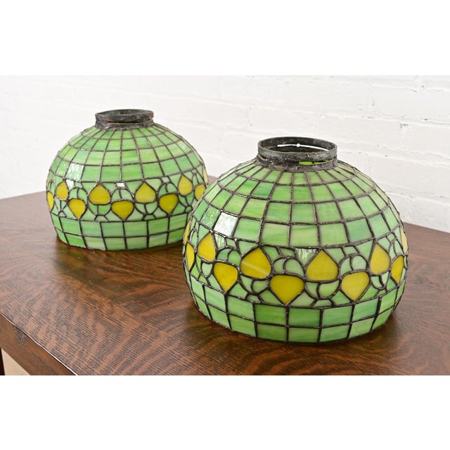 Metal Tiffany Studios Arts & Crafts Bronze Double Arm Student Lamp With Stained Leaded Glass Acorn Shades For Sale - Image 7 of 12