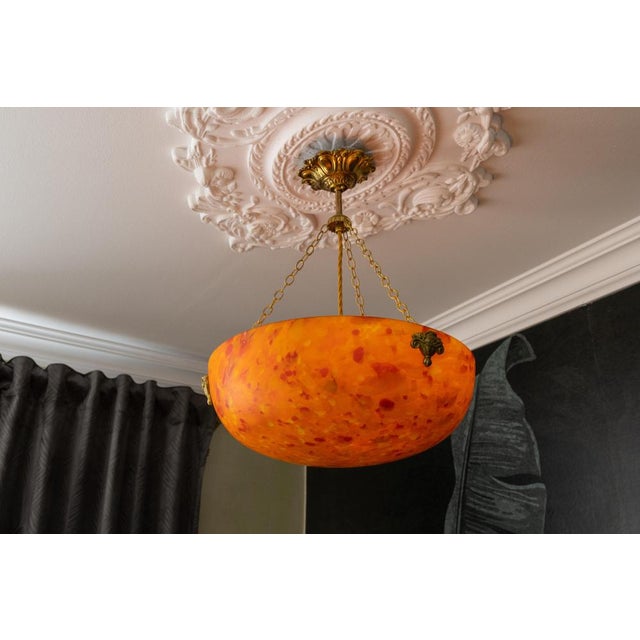 French Art Deco Mottled Orange Glass & Brass Pendant Light, 1930s For Sale - Image 3 of 18