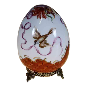 1990s Hand-Painted Easter Egg Birds & Ribbon Decoration on Golden Metal Base