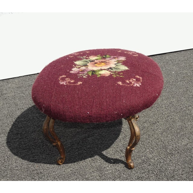 Footstool - Vintage Victorian Style Burgundy Oval Floral Needlepoint Footstool For Sale - Image 4 of 15