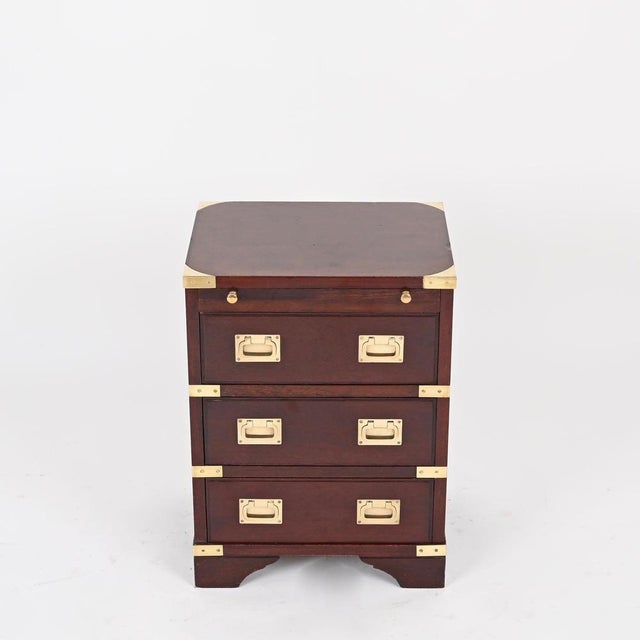Campaign Style Nightstands in Wood and Brass, 1950, Set of 2 For Sale - Image 4 of 15