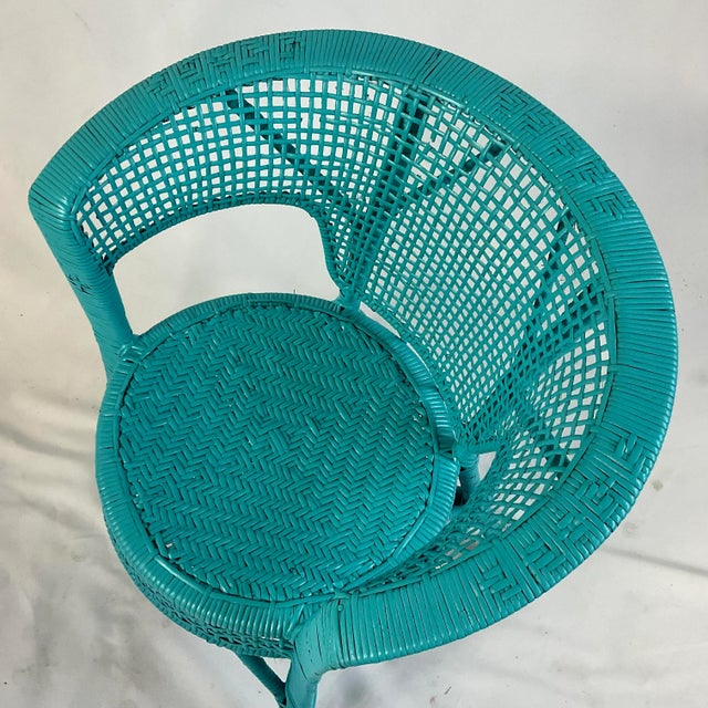 Vintage Coastal Boho Chic Turquoise Painted Wicker Chair. For Sale - Image 10 of 10