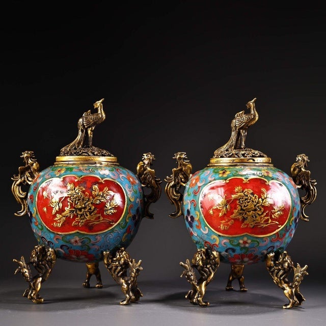This is a matching pair of cloisonné enamel incense burners (censers), each featuring a domed lid topped with a gilt...