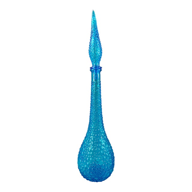 Empoli Italian Vintage Blue Hobnail Glass Decanter Genie Bottle For Sale