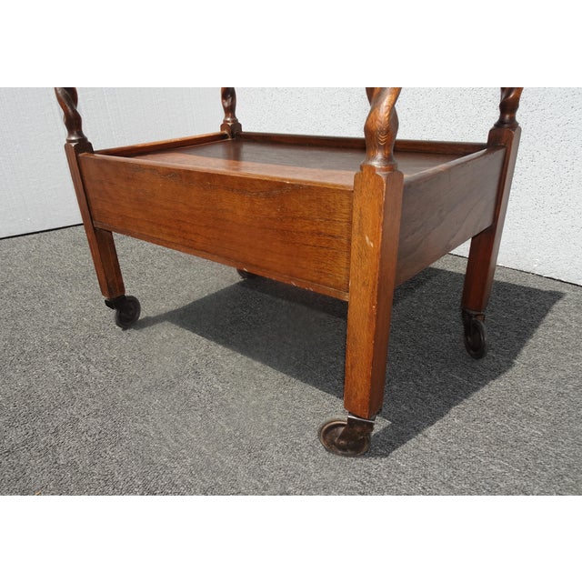Lh26 Vintage French Country Oak Barley Twist Tea Cart For Sale - Image 4 of 12
