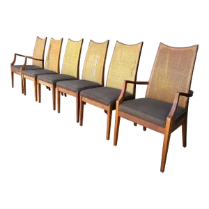Set of Six John Stuart Walnut and Caned Dining Chairs