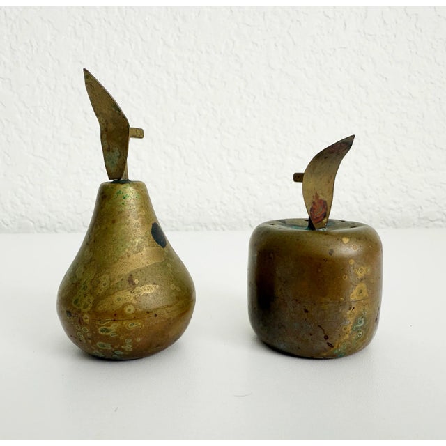 Metal Vintage Aged Brass Apple & Pear Salt & Pepper Shakers - A Set For Sale - Image 7 of 9