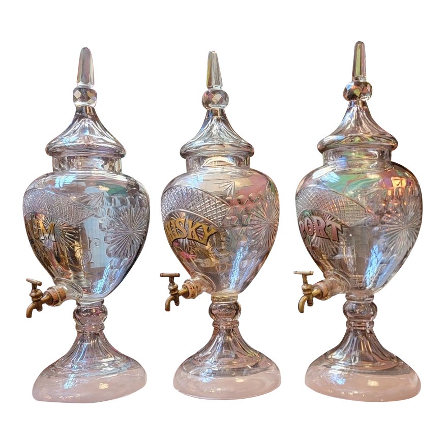 Antique Monumental Cut Crystal Glass Liquor Dispenser Decanter Set of