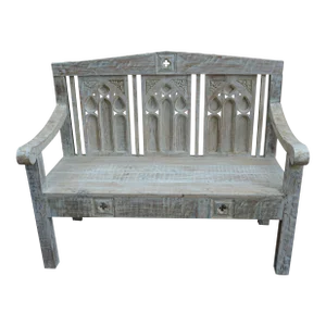 Gothic White Washed Wooden Bench Arched Carvings Mexico Hand Crafted Heavy