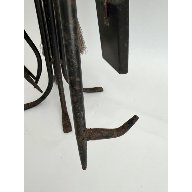 Vintage Primitive Hand-Forged Wrought Iron Pilgrim Fireplace Tool Set - 5 Pieces For Sale In Los Angeles - Image 6 of 11