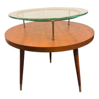 1960s Sculptural Mid-Century Modern Two-Tier Walnut & Glass Cocktail Table by James-Philip Co. With Brass Gallery Rail For Sale