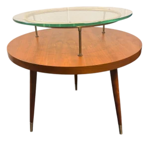 1960s Sculptural Mid-Century Modern Two-Tier Walnut & Glass Cocktail Table by James-Philip Co. With Brass Gallery Rail