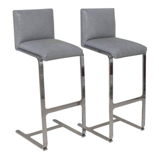 Pair of Bar Height Flat Bar Polished Steel Bar Stools For Sale