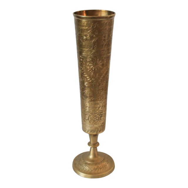 Vintage Hand-Etched Solid Brass Trumpet Vase For Sale