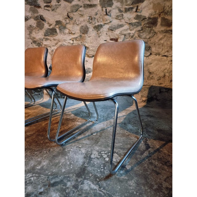 French Sled Base Chairs in Beige-Taupe Vinyl, 1976, Set of 4 For Sale - Image 4 of 18