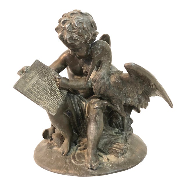 Antique Rare French Metal Sculpture - Cherub Angel Cupid Stork Doves Calender, Germany For Sale