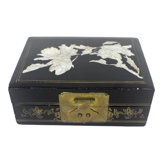 Vintage Black Lacquered Wood Jewelry Box With Inlaid Mother of Pearl Shell and Brass Details For Sale