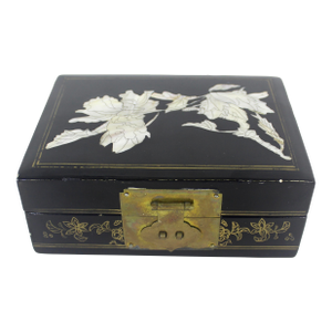 Vintage Black Lacquered Wood Jewelry Box With Inlaid Mother of Pearl Shell and Brass Details